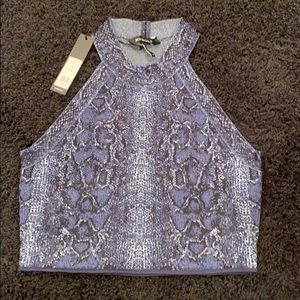 Blue snakeskin body on high neck crop top